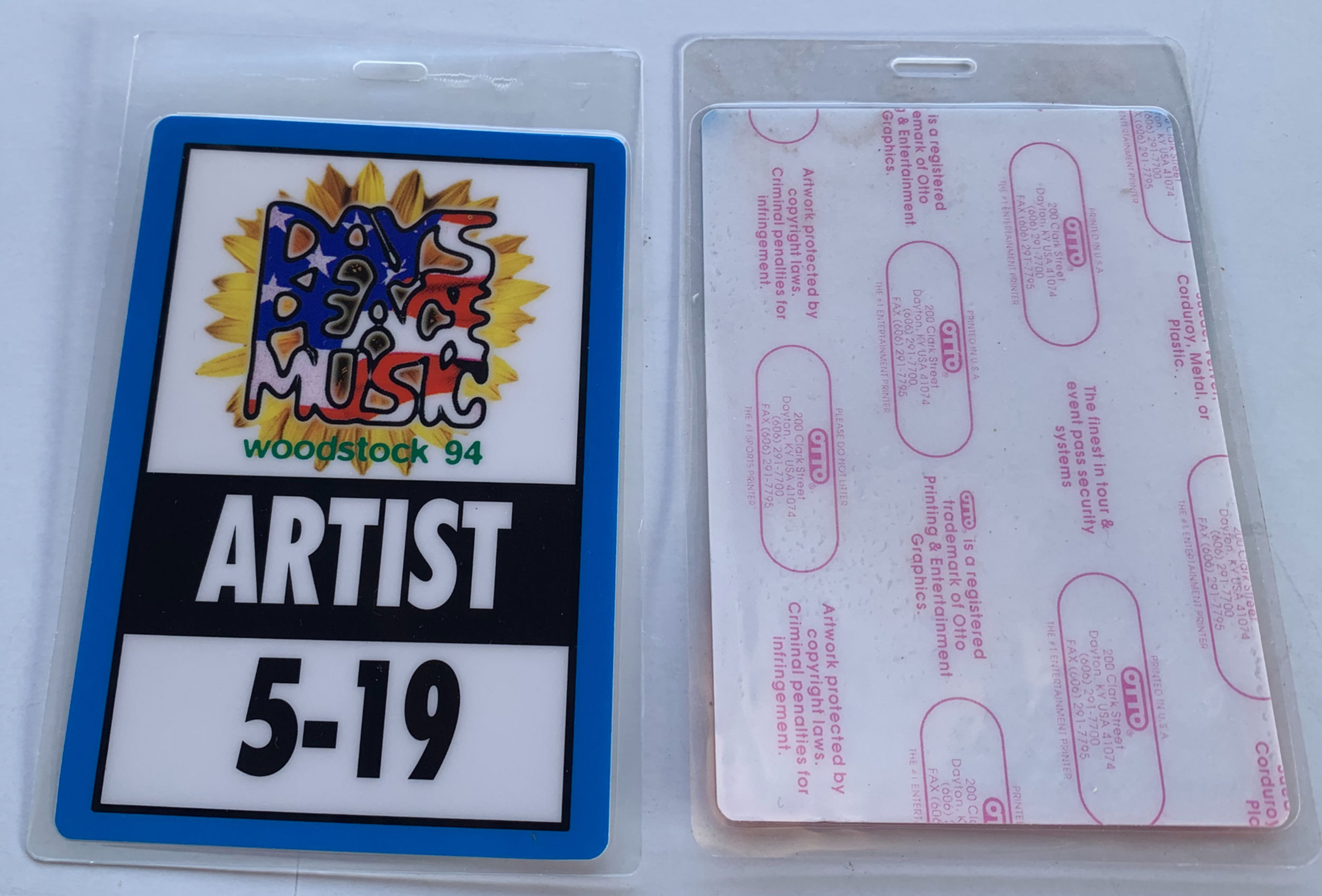 Woodstock 1994 Concert Artist 5-19 Blue Backstage Pass Laminate