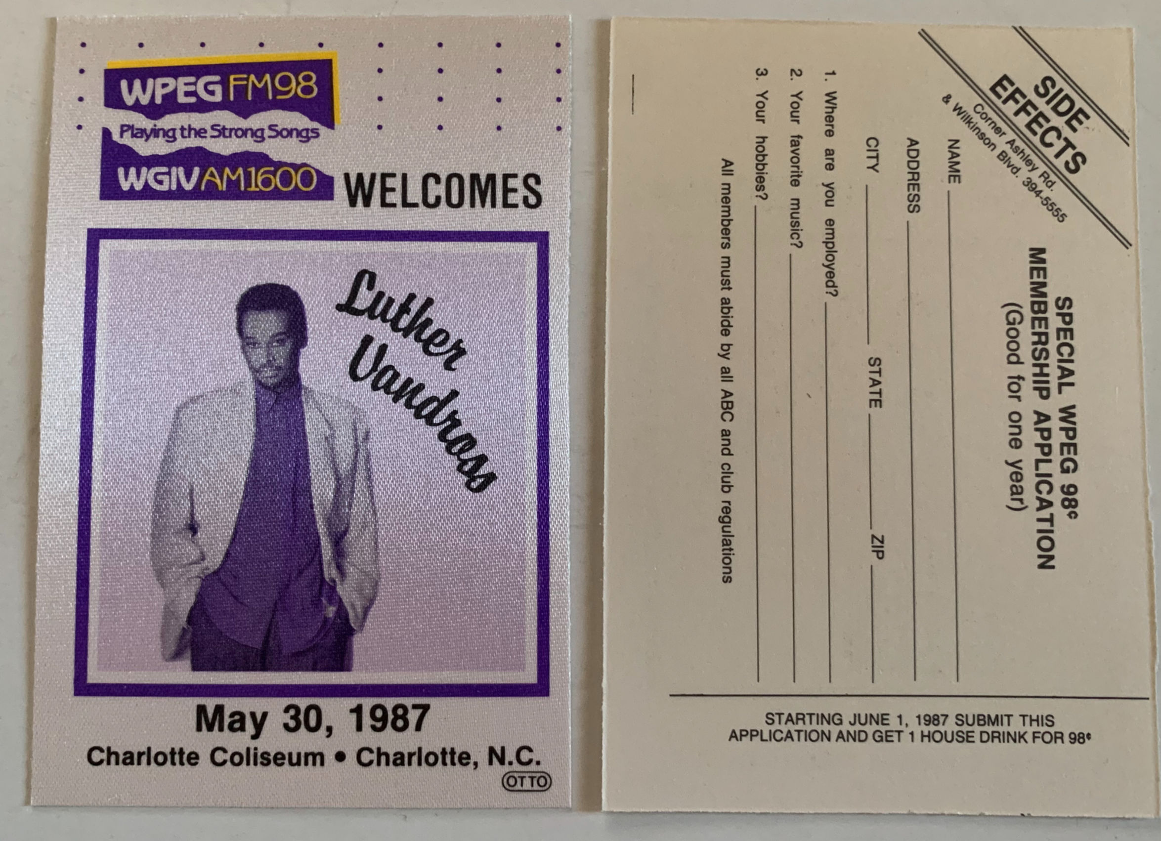 Luther Vandross May 30 1987 Concert Tour Backstage Pass Sticker Patch