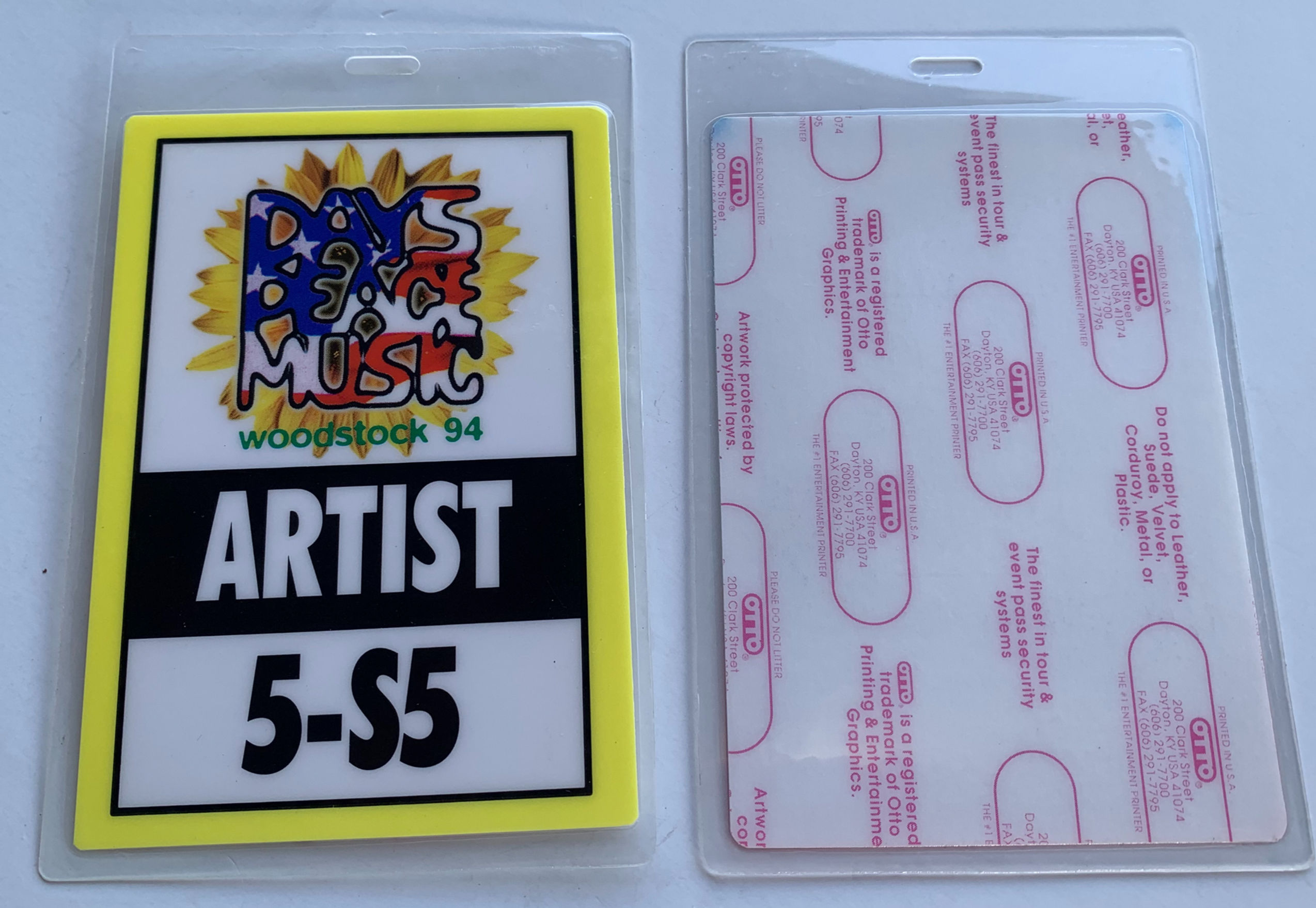 Woodstock 1994 Concert Artist 5-S5 Backstage Pass Laminate