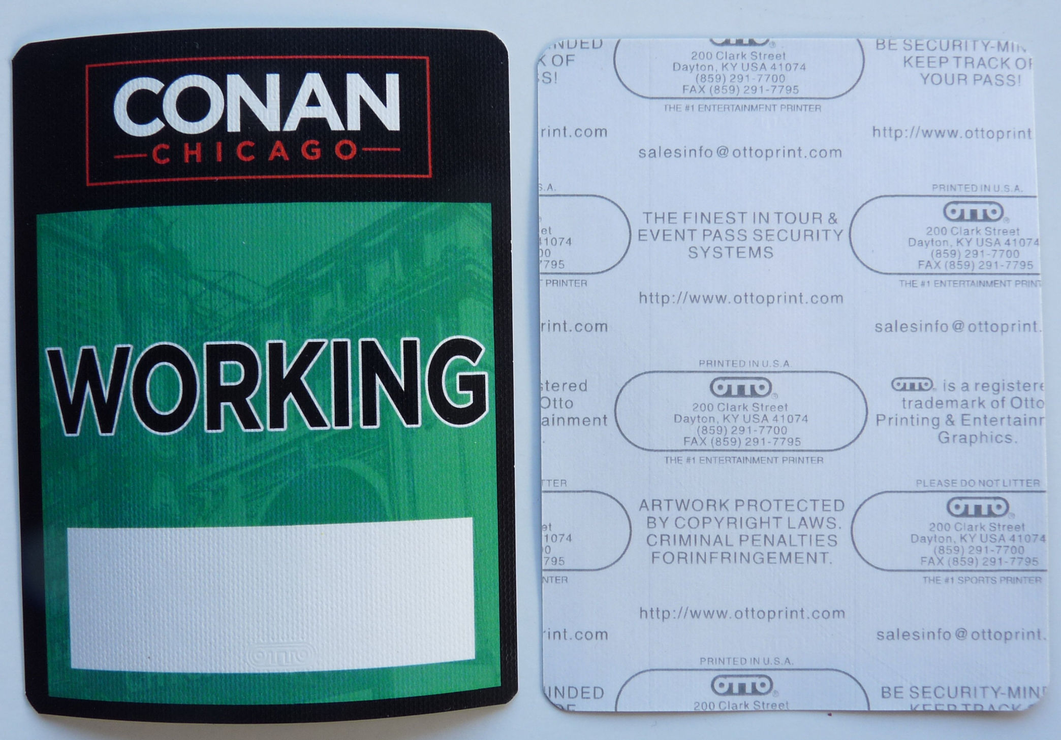 Conan O'Brien Show Chicago Green Working Backstage Pass