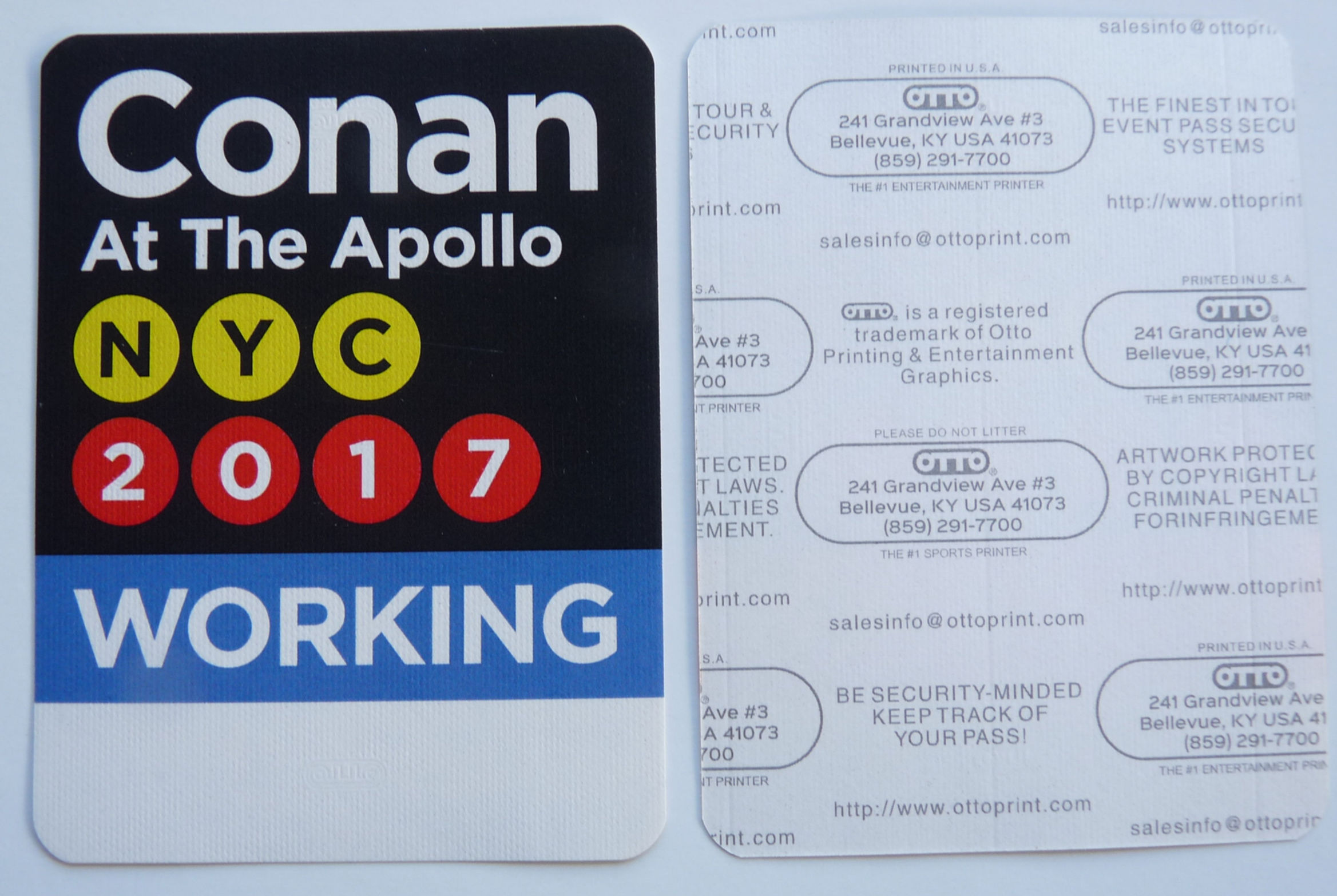 Conan O'Brien Show NYC Apollo 2017 Tour Blue Working Backstage Pass