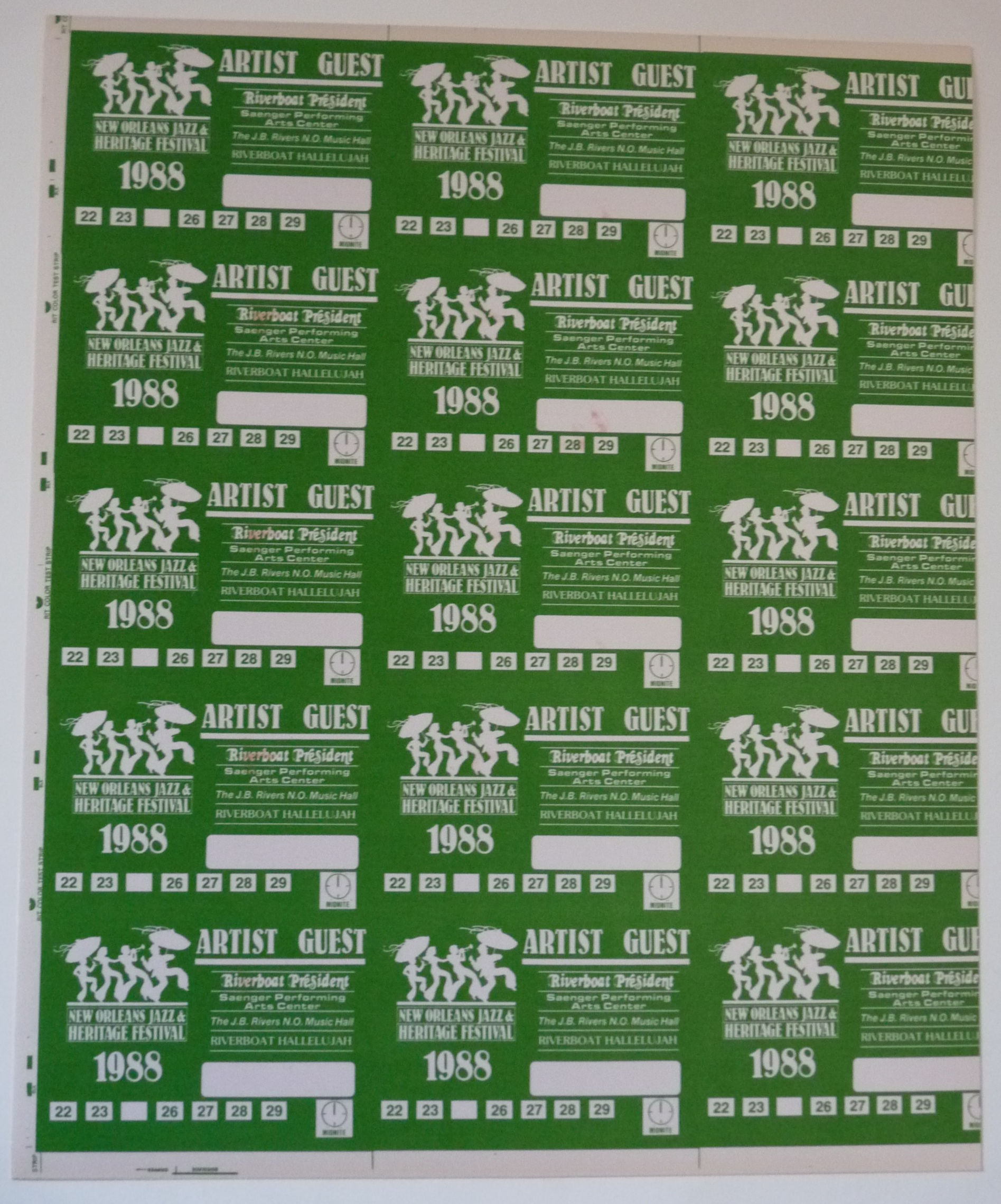 1988 New Orleans Jazz & Heritage Festival Sheet of 15 Green Uncut Cloth Passes