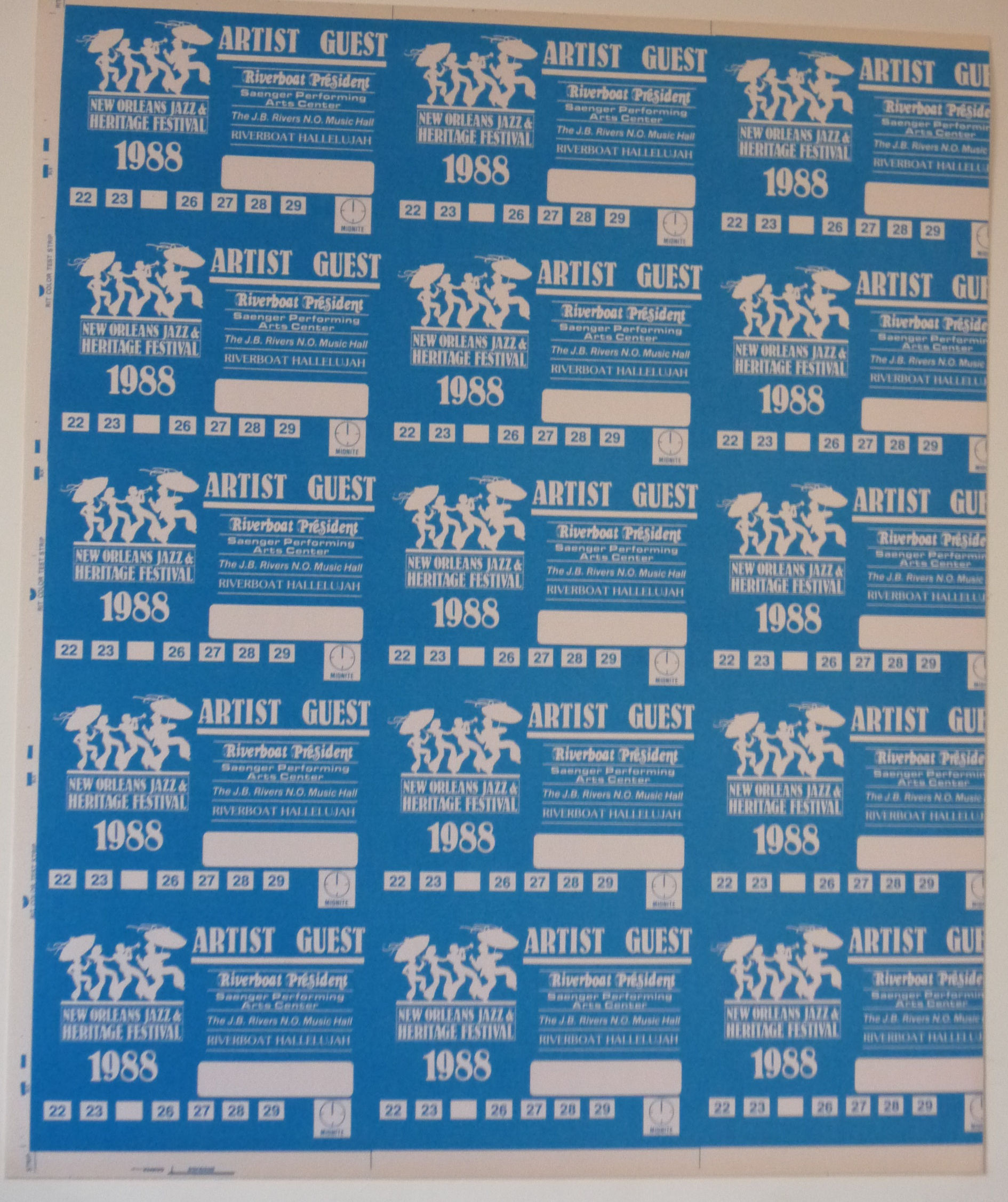 1988 New Orleans Jazz & Heritage Festival Sheet of 15 Blue Uncut Cloth Passes