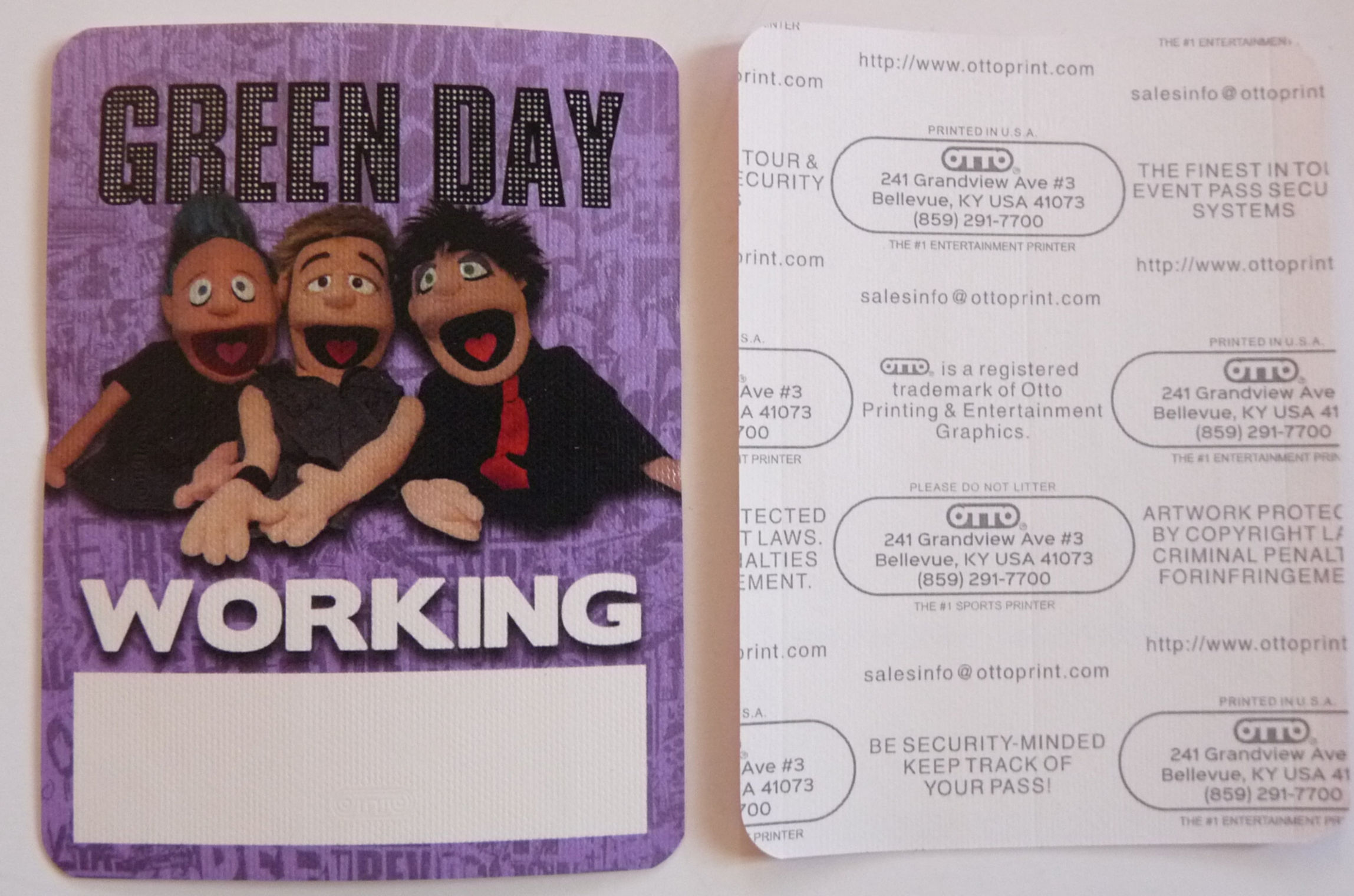 Green Day RARE Muppets Tour Purple Working Concert Backstage Pass D6