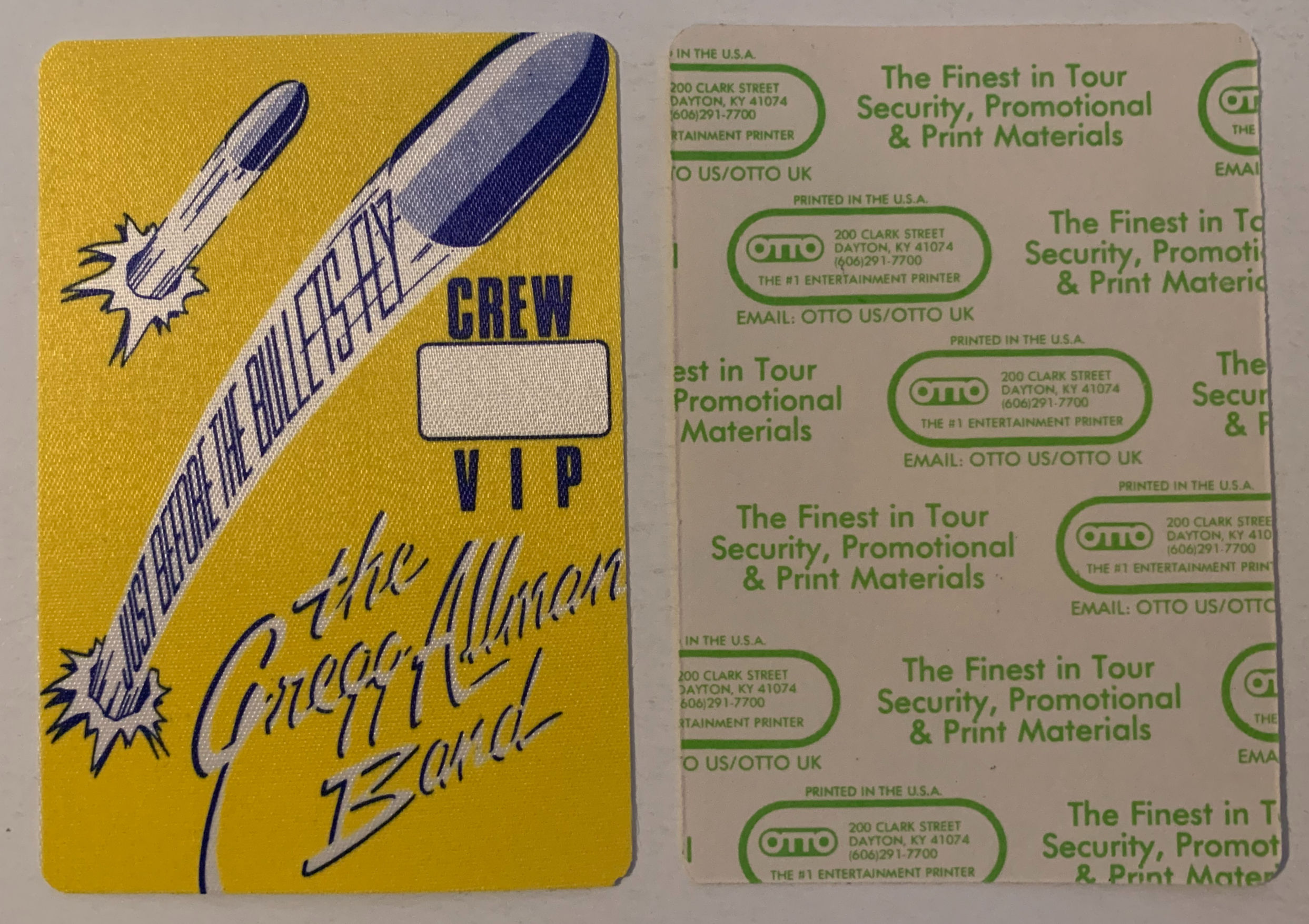 Gregg Allman 1988 Bullets Fly Concert Tour Yellow Blue Crew VIP Backstage Pass