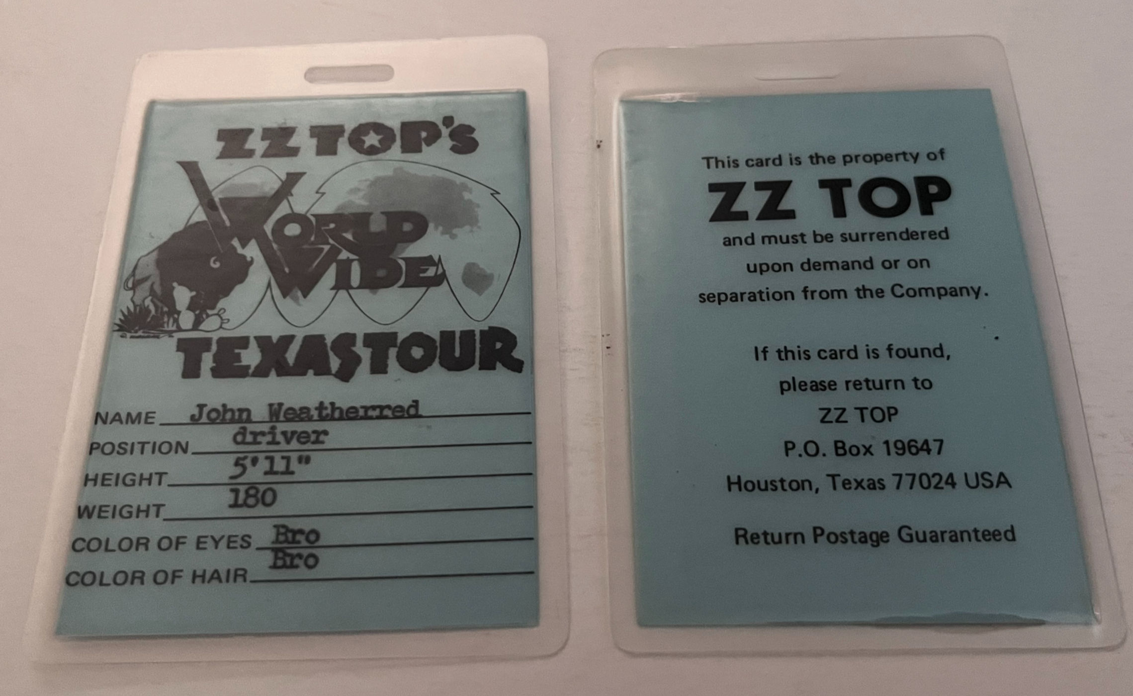 ZZ Top 1977 Worldwide Texas Tour DRIVER Laminate Backstage Pass #2