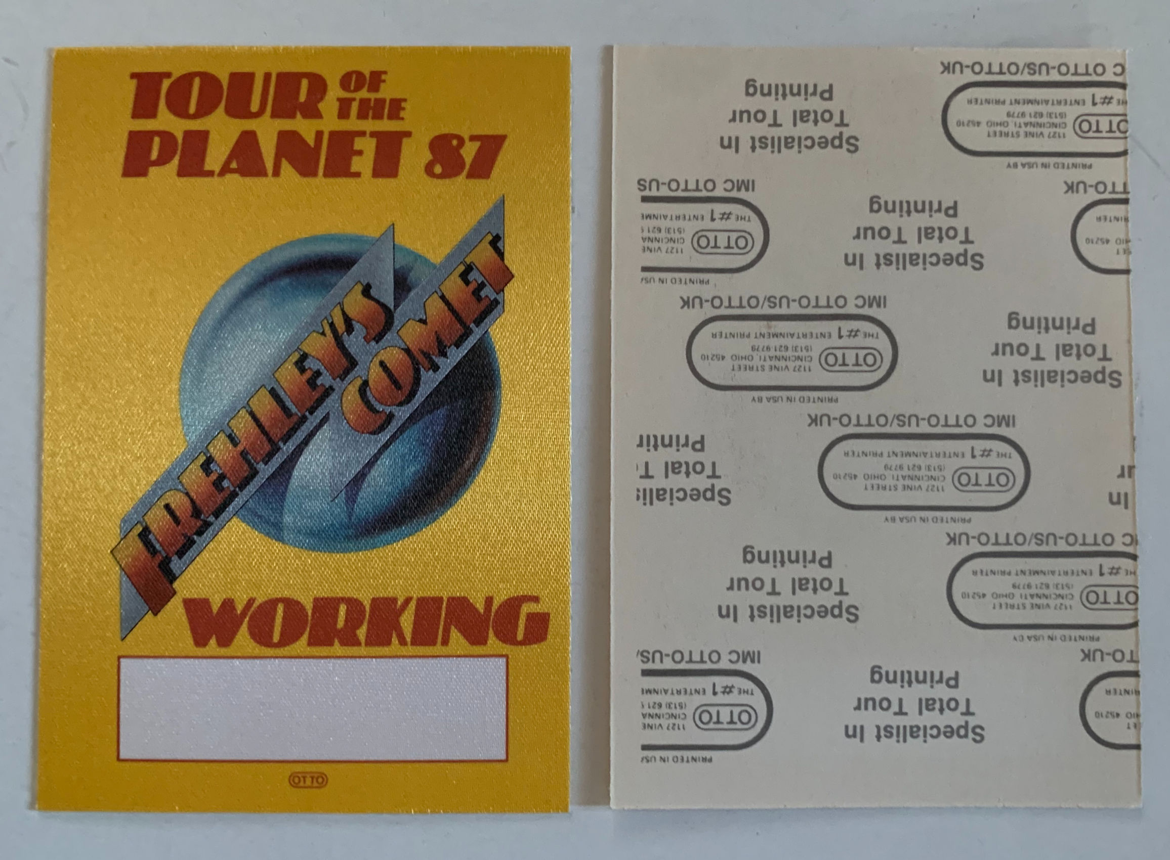 Ace Frehley Comet 1987 Tour Of The Planet Yellow Working Backstage Pass