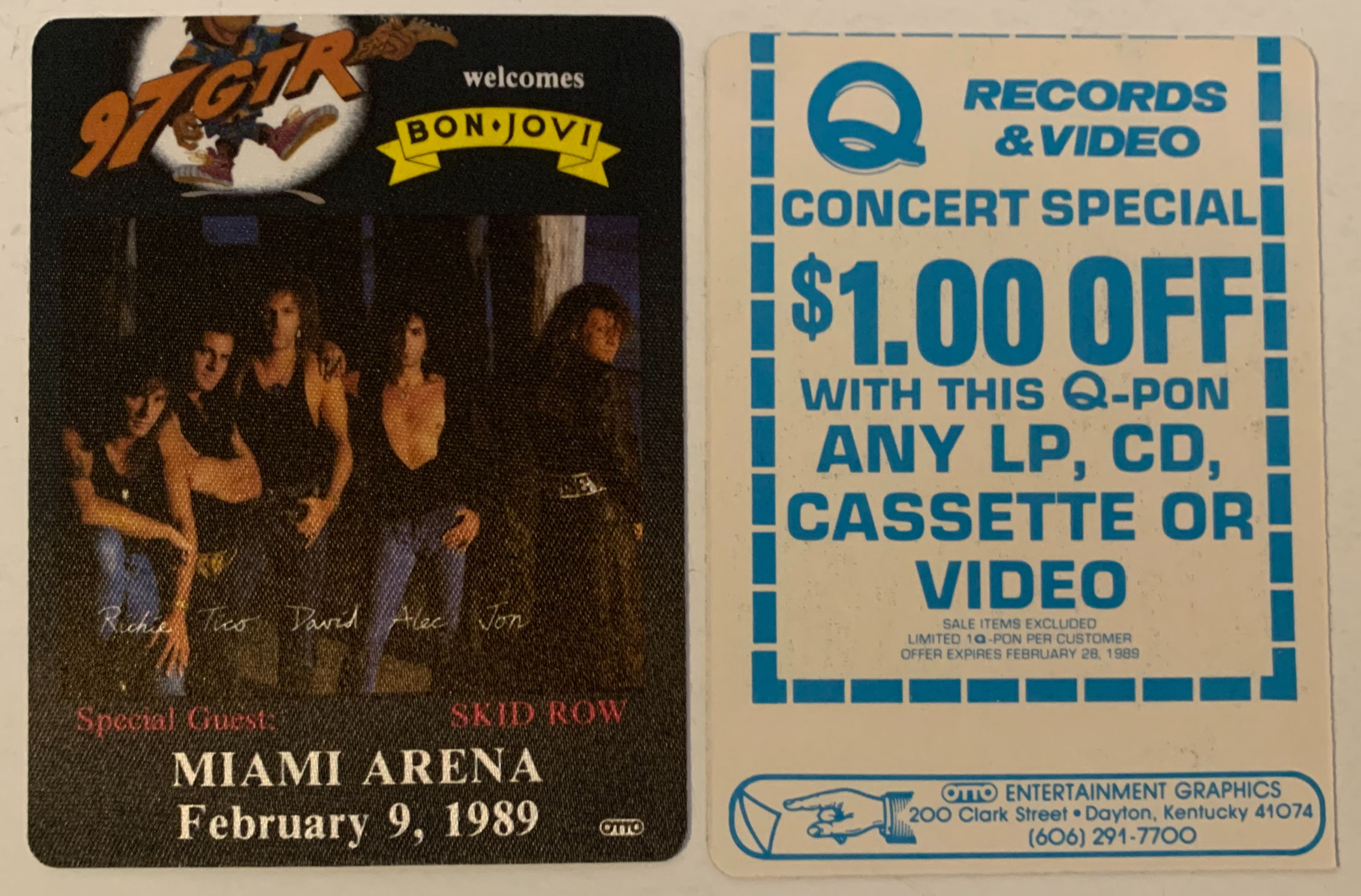 Bon Jovi Skid Row 1989 2-9-89 Concert Tour 97GTR Backstage Concert Pass
