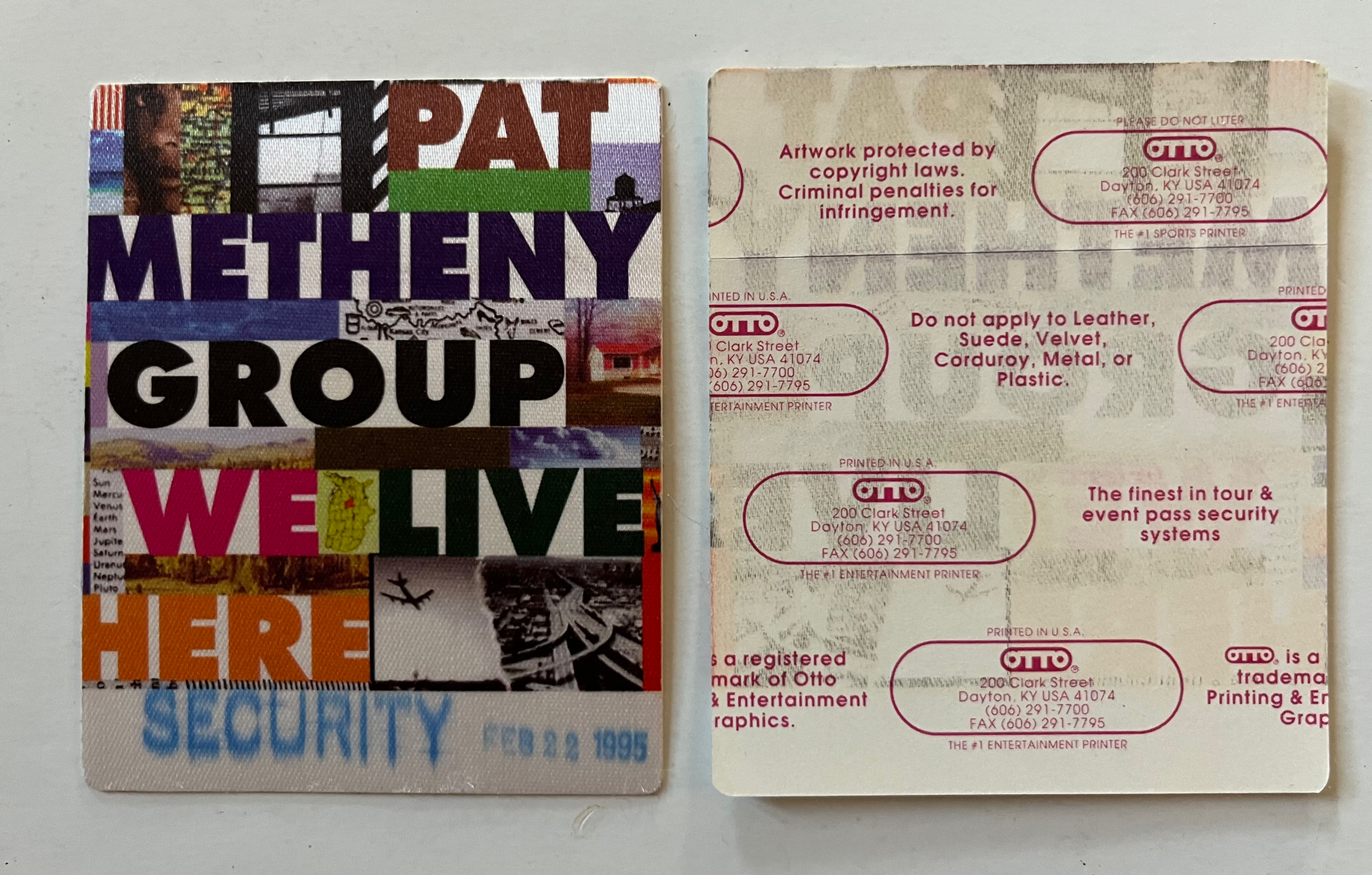 Pat Metheny Group 1995 We Live Here Security Backstage Pass