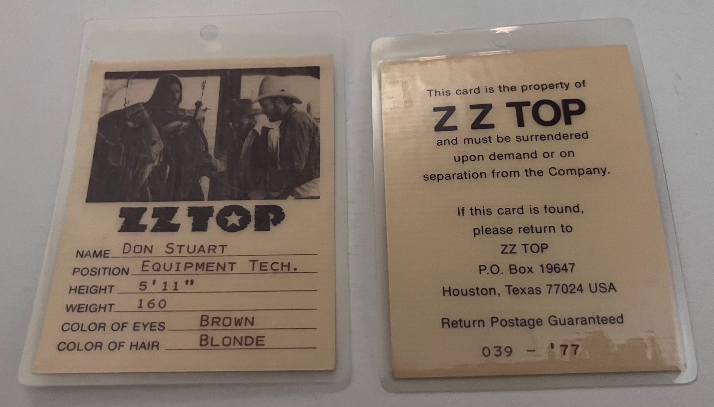ZZ Top 1977 Worldwide Texas Tour Equipment Tech Laminate Backstage Pass