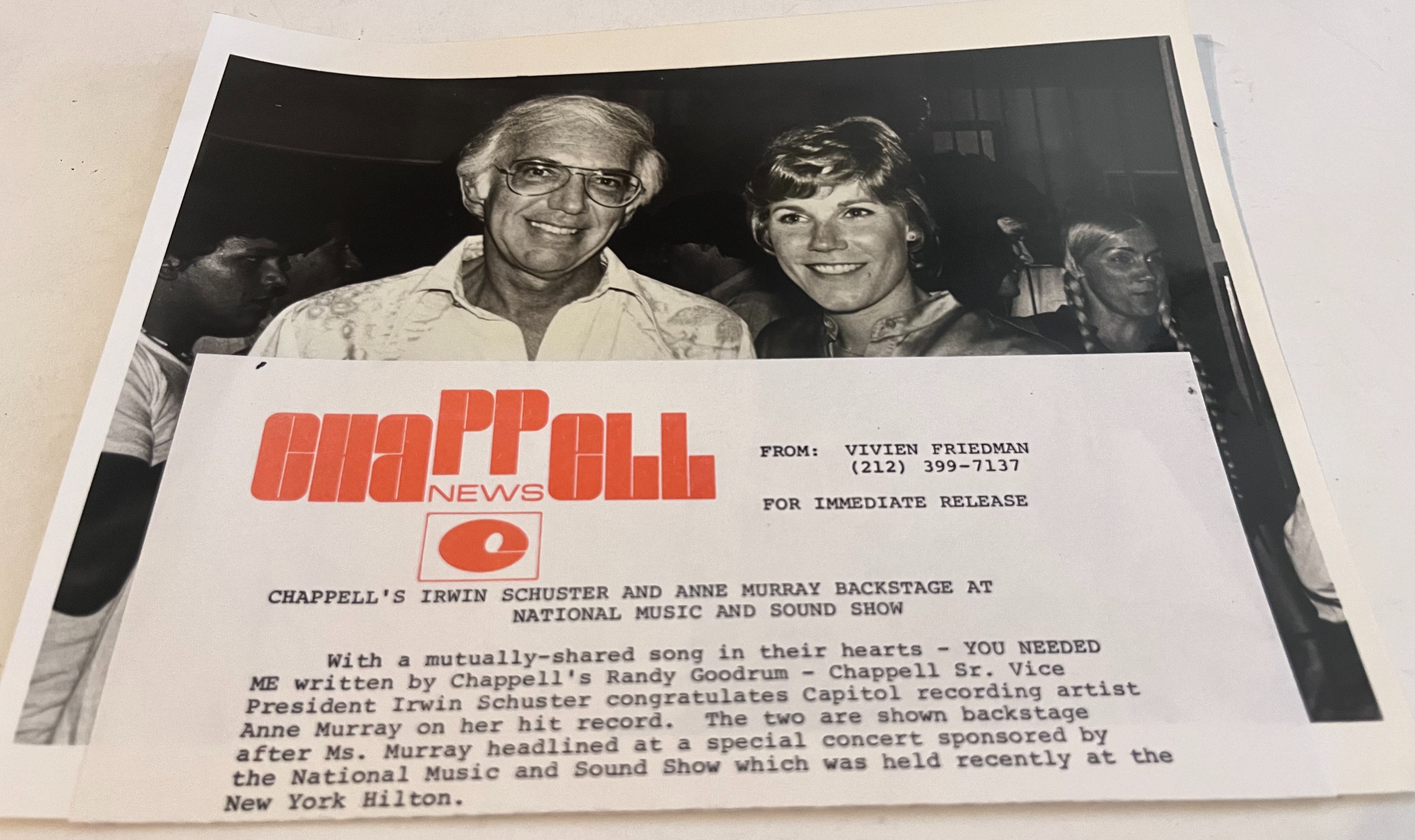 Anne Murray & Chappell's Irwin Schuster 8x10 Promo Press Photo