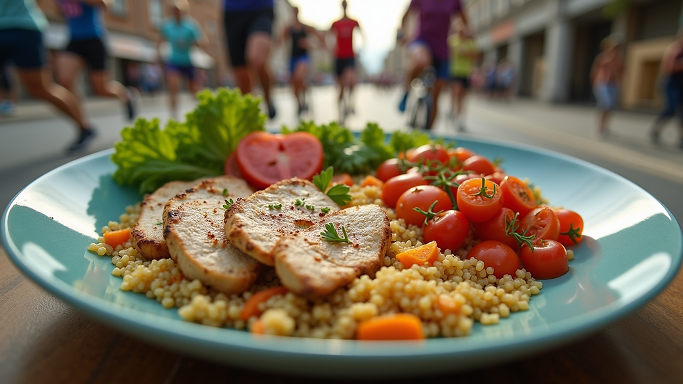 Eye-level view of a colourful plate with grilled chicken, quinoa, and mixed vegetables