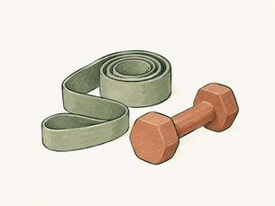 Illustration von Trainingsband und Hantel in den MORGENWÄRTS-Farben