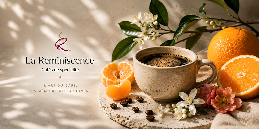 Tasse de café de spécialité accompagnée d'une orange, d'une mandarine, de fleurs blanches et de grains de café, éclairée par une lumière naturelle pour illustrer la fraîcheur et l'acidité positive du café.