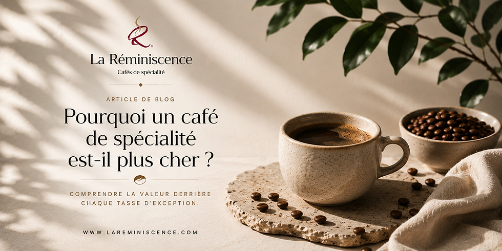 Bannière d'article de blog sur le café de spécialité, avec une tasse de café, des grains de café, une lumière naturelle chaleureuse et le titre « Pourquoi un café de spécialité est-il plus cher ? ».