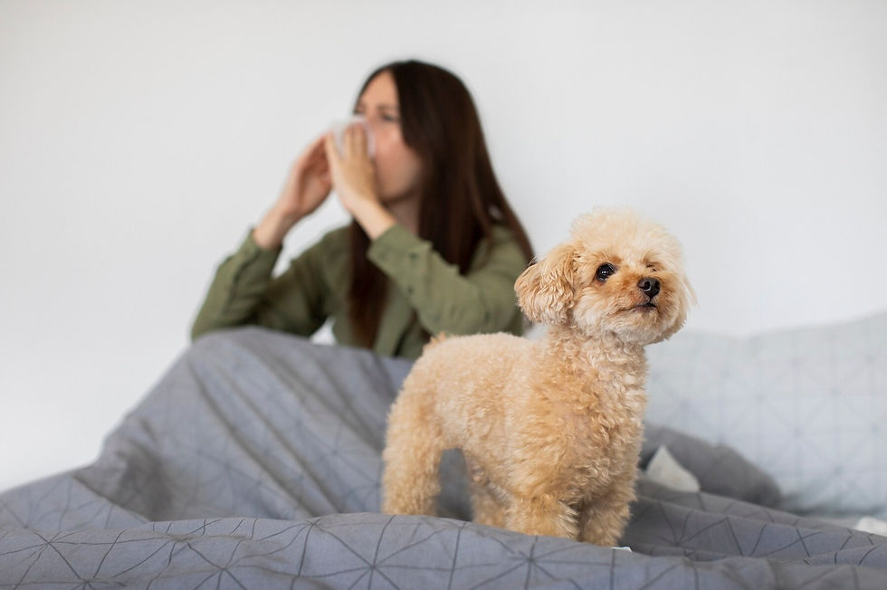 A woman with runny nose on a bad with a dog. Source: Freepik