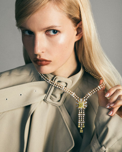 Vogue and Tiffany & Co high jewelry fashion editorial on model with Versace, Chanel, Dior, Fendi, McQueen, Phillip Lim  and Dolce and Gabbana fashion photography by Sharon Radisch