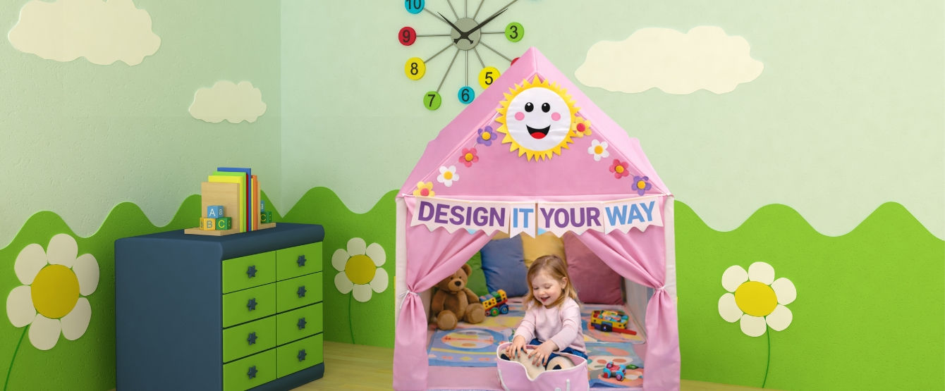 kids play tent, design it your way, with hooks, sun, pockets, memory book, and majestic bag.