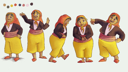 Character design. 5 poses of an older, short heavy woman. she is wearing a orange and yellow headscarf with a bit of grey hair peaking out along the edges. she wears a black and off white long sleeve shirt a pinkish orange wrapped belt, yellow wide legged pants and orange pointed slippers