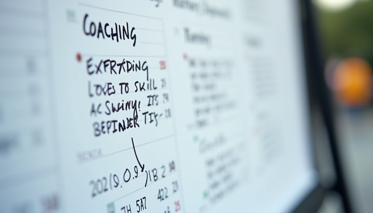 Close-up of a calendar with coaching sessions marked and notes about skill development