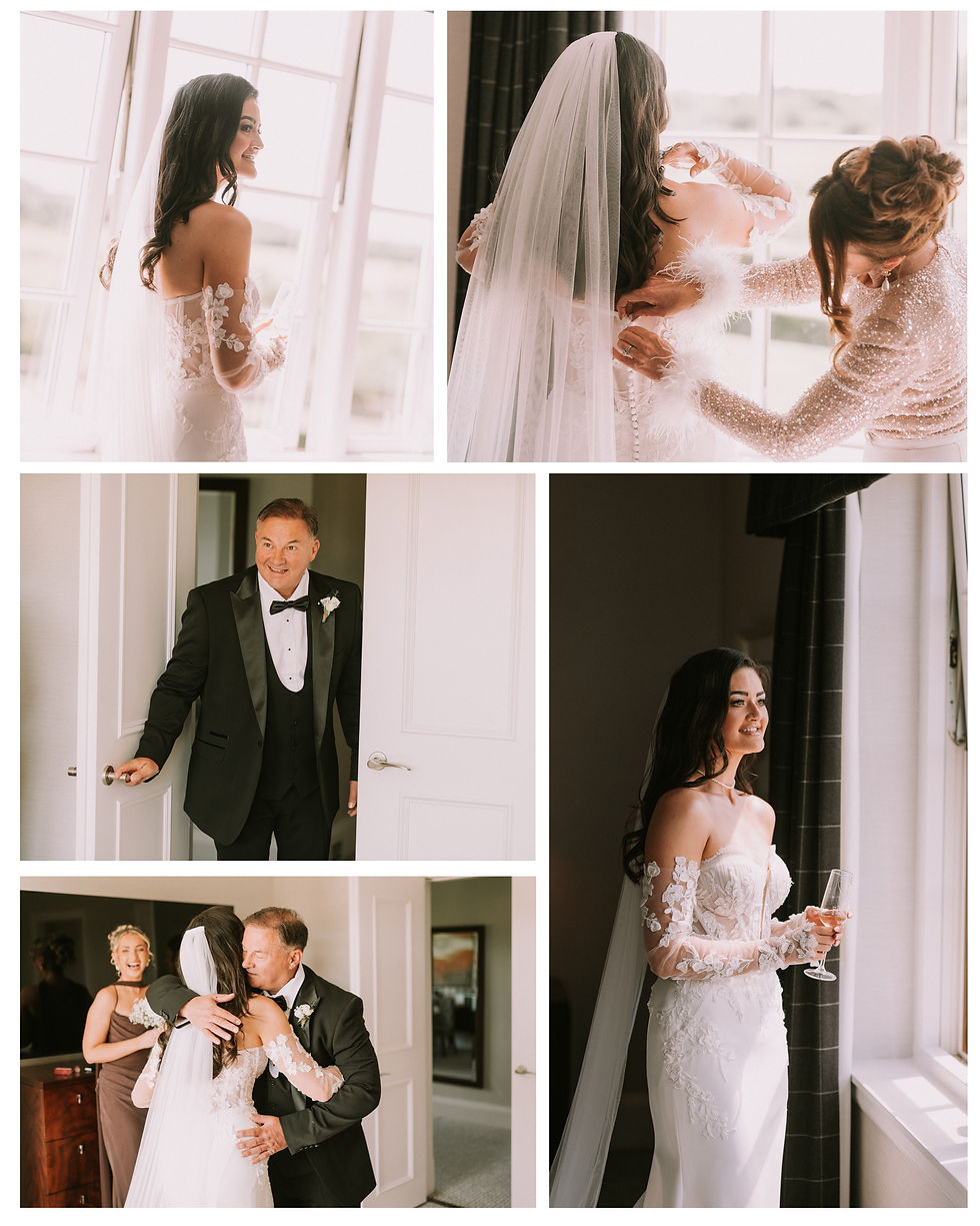Bride in white lace gown stands by window, getting ready with help. Man in suit enters room, shares emotional hug with bride.