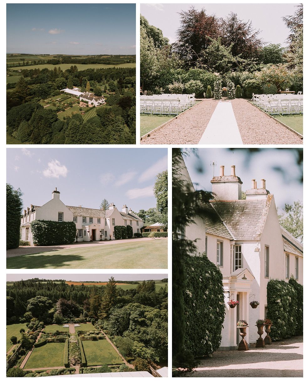 Aerial view of a countryside estate. White house, manicured gardens, and a wedding setup with white chairs under a blue sky. Lush greenery.