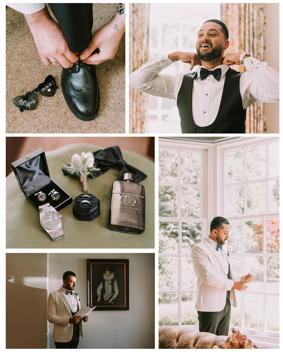 Man dressing in formalwear, tying shoes, adjusting bow tie, and reading paper. Accessories include watch, cufflinks, and cologne. Elegant room.