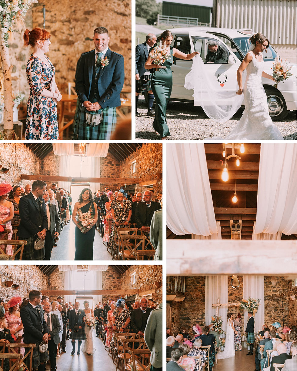 A rustic wedding in a stone venue. Bride and groom in formal attire, guests seated, bridesmaid with bouquet. Romantic, joyful ambiance.