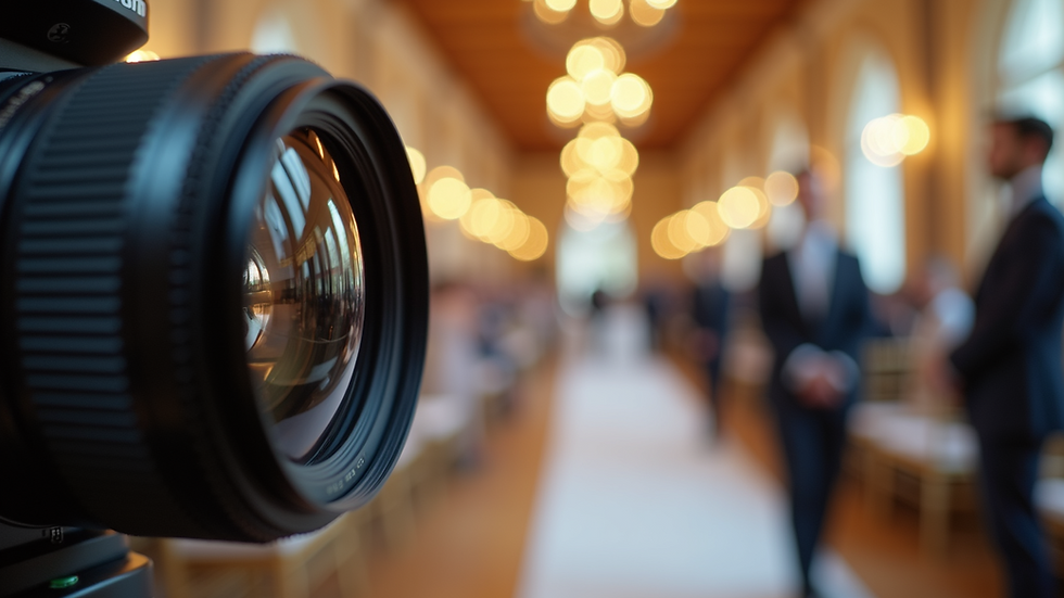 Close-up view of a professional camera lens with a blurred wedding venue background