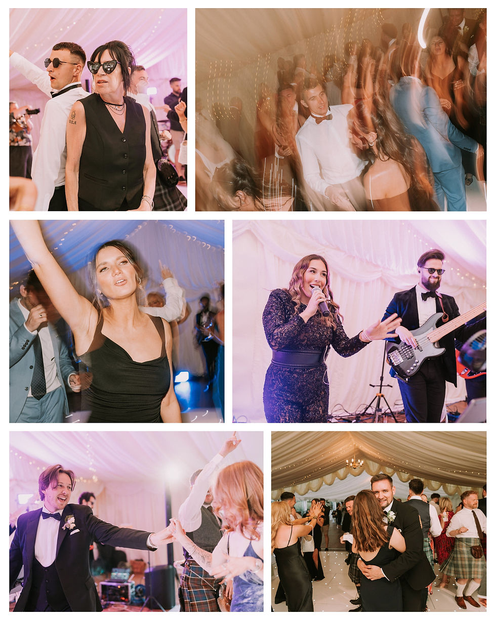 Guests dancing and celebrating at an indoor wedding reception with live music. Mood is joyful, with warm lighting and elegant attire.