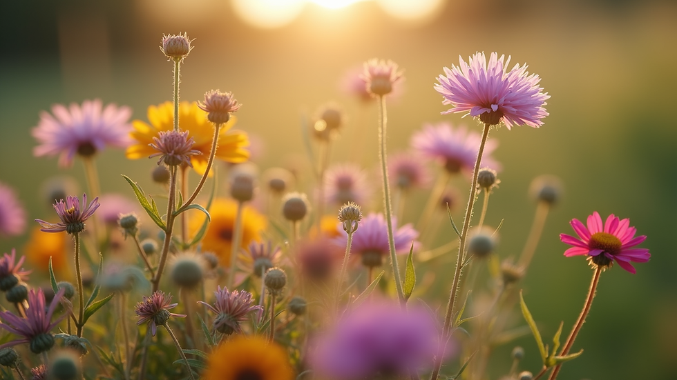 Close-up view of a bouquet of seasonal wildflowers in natural light