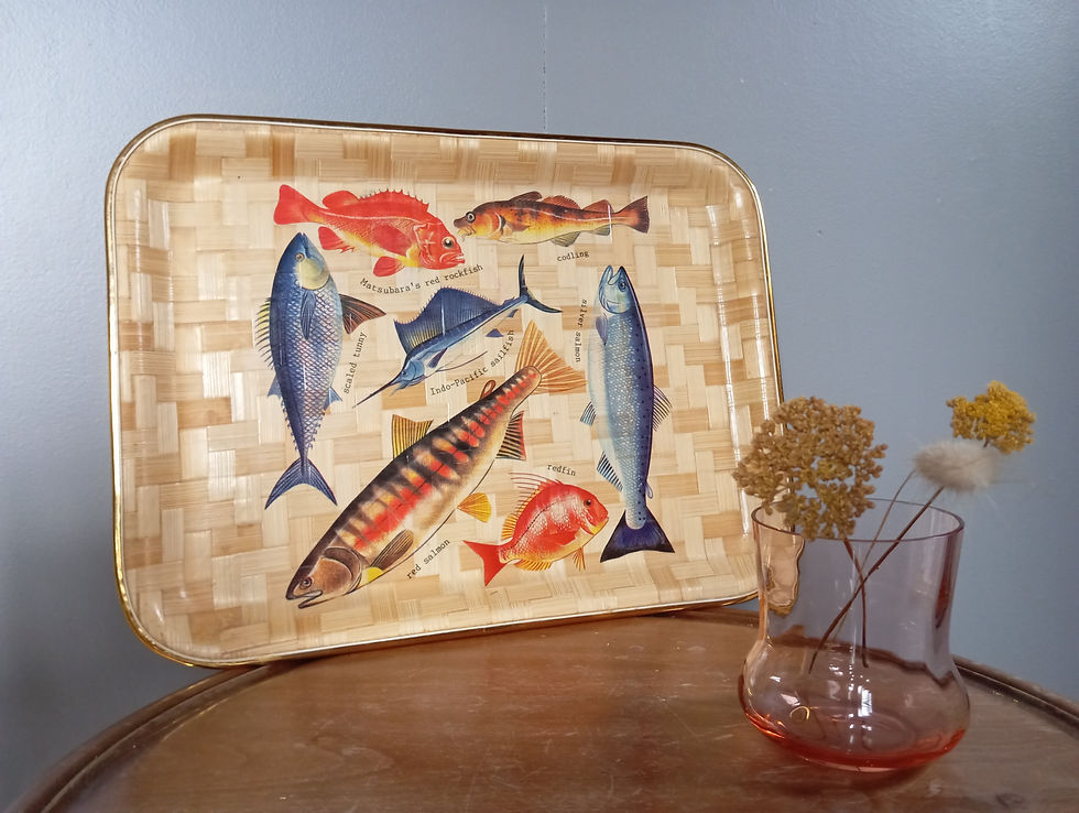 Miniature : Plateau de service fibre tressée, poissons illustrés | vintage