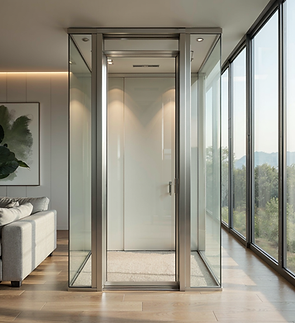 A sleek, modern home elevator with glass walls, designed for accessibility, located in a bright room with large windows overlooking a scenic view.