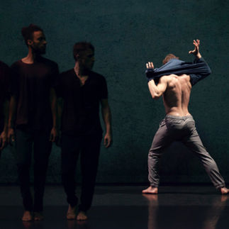 Un groupe de danseurs masculins synchronisés, muscles saillants, avec des drapés colorés levés au-dessus de leurs têtes, sous un éclairage dramatique qui accentue la tension et la grâce du mouvement.