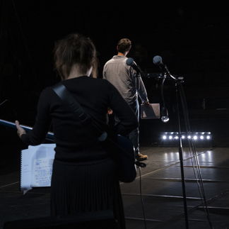 Vue de la scène vers le public, un acteur masculin de dos face à une musicienne de face, dans l'immensité de l'espace théâtral.