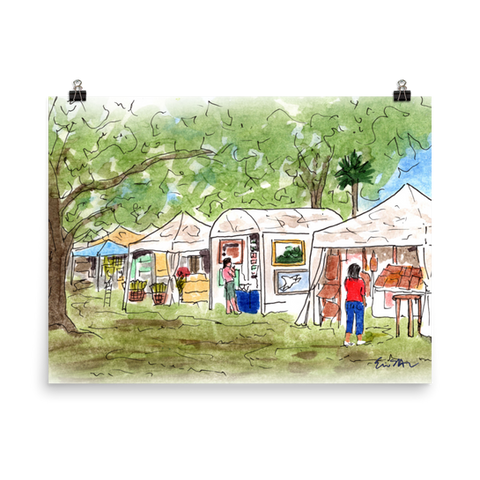 Watercolor painting of an outdoor market scene with vendor booths and people.