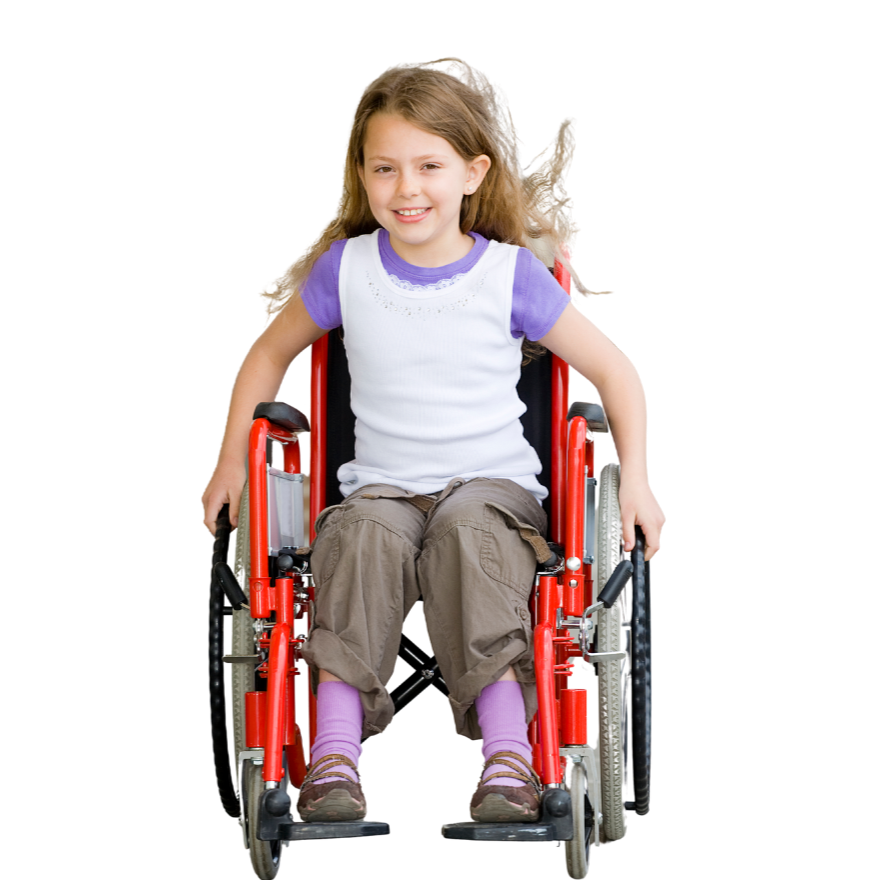 smiling child with long blonde hair in a wheelchair