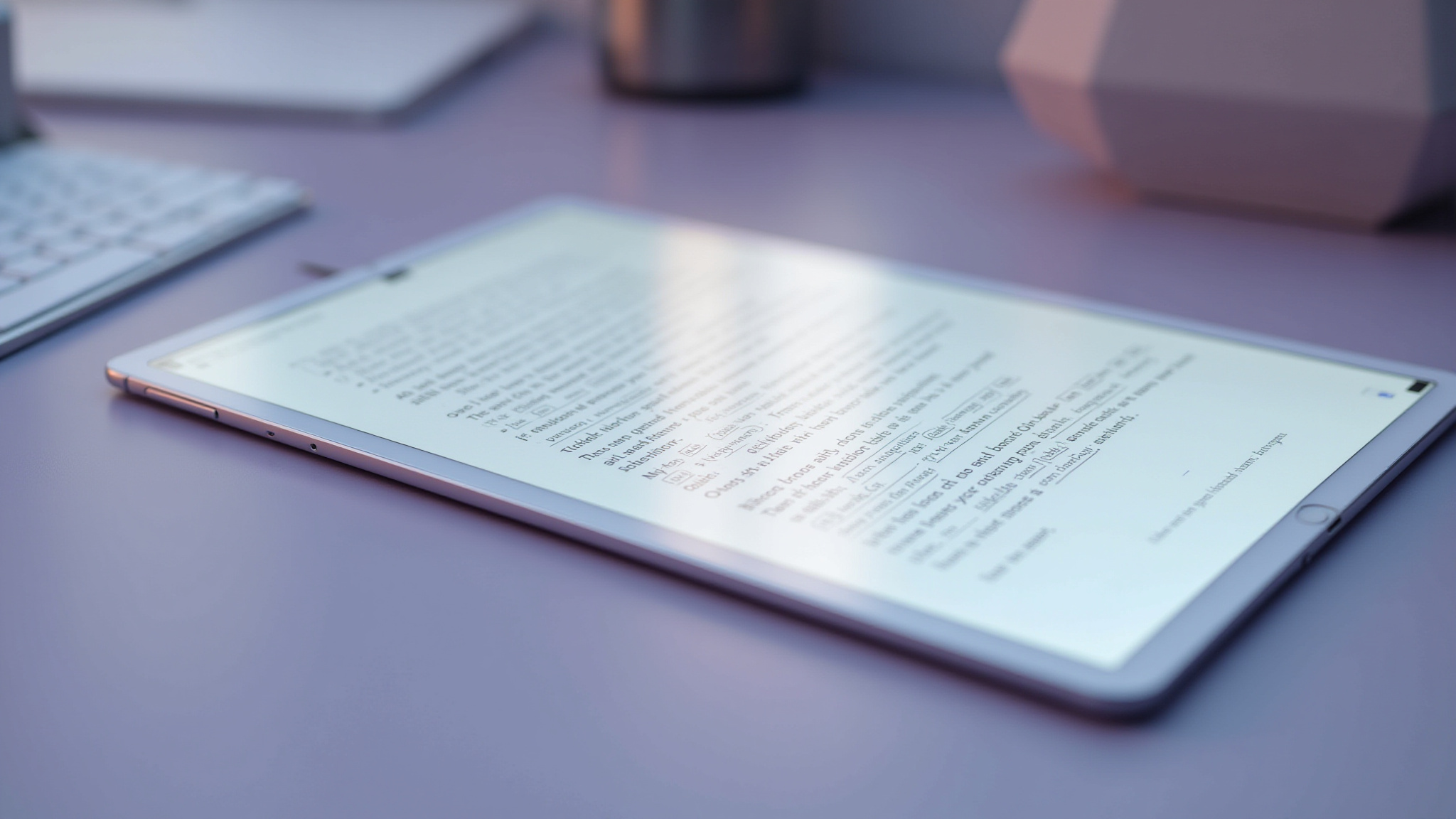Tablet displaying article on a purple desk with blurred background.