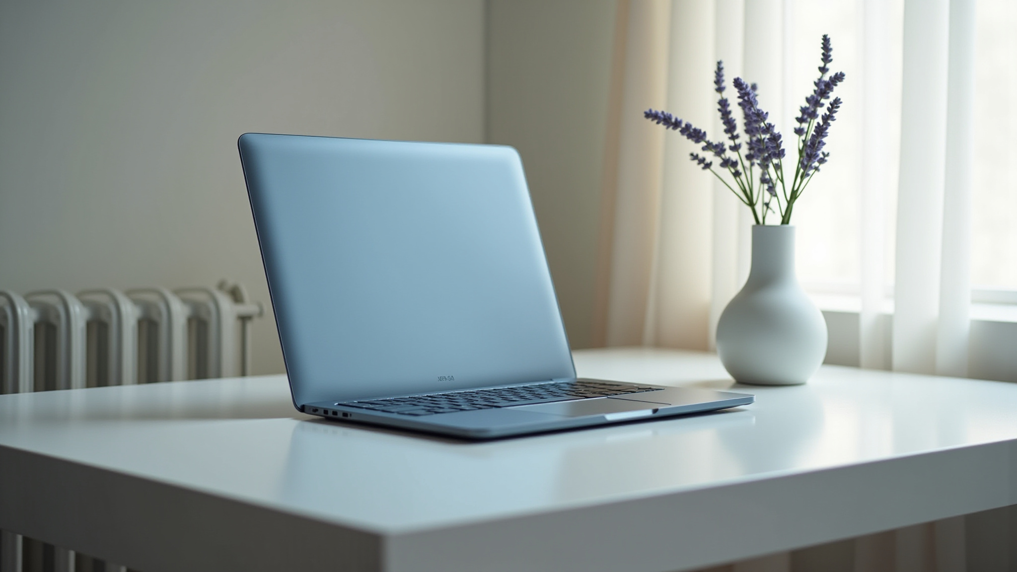 Laptop on white table beside vase of lavender flowers in room