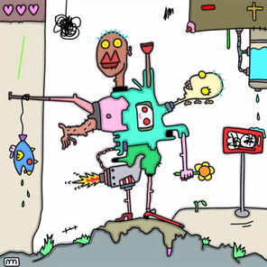 Kleurrijke comic art van Belgian artist Merijn Verhelst met een surrealistisch fantasiewezen, meerdere ledematen, bloemen en bizarre objecten.