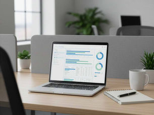Laptop displaying payroll and time tracking data on a desk in a modern office, representing wage and hour compliance review.