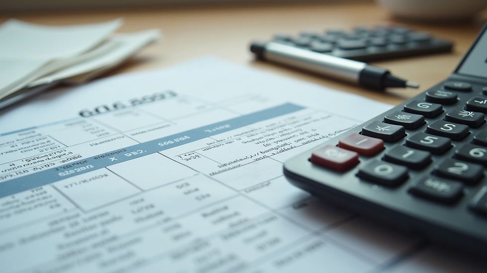 High angle view of a calculator and tax documents