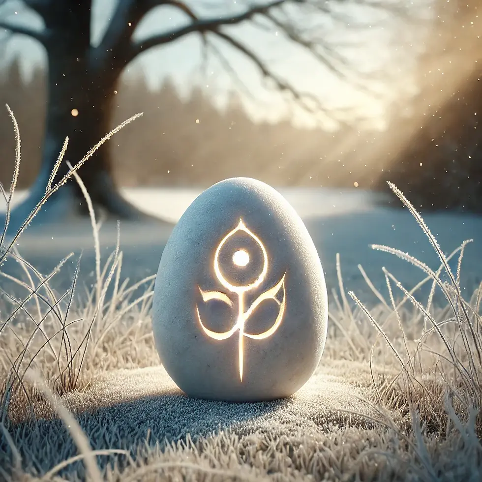 White stone with a simplified glowing golden symbol, resting on frost-kissed grass in a serene winter setting. The background features bare trees dusted with snow and a soft sunrise, evoking the tranquility and renewal of January