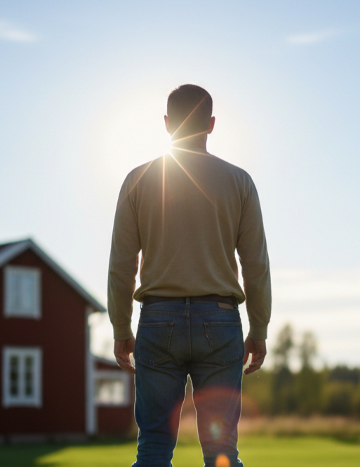 I want a picture of a man standing on a lawn. Green grass with a red wooden house behind h