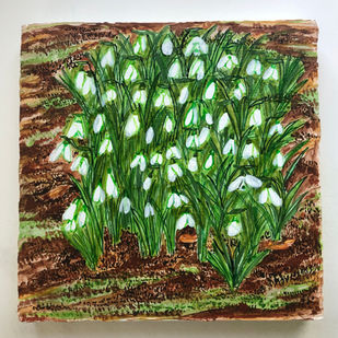Acrylic painting on gesso board. White spring flowers snowdrops in the garden.