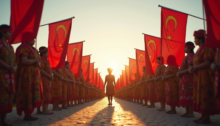 Vue au niveau des yeux d’une cérémonie traditionnelle avec des drapeaux nationaux
