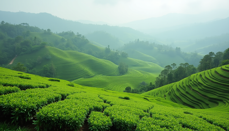 High angle view of a green tea plantation on terraced hills