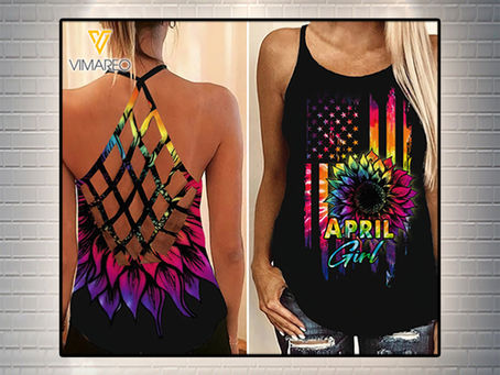 TOP April girl sunflower criss cross open back camisole tank top