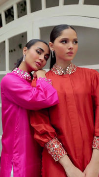 Thumbnail: Vanka Fuschia Raw Silk Shirt and Dupatta