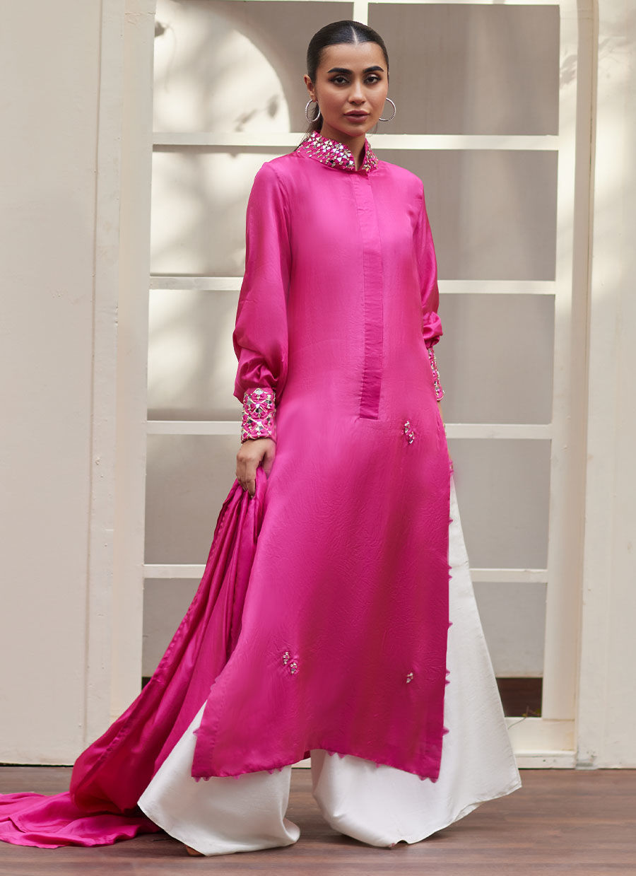Thumbnail: Vanka Fuschia Raw Silk Shirt and Dupatta